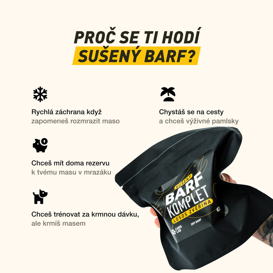 Sušený B.A.R.F. Poctivý Losos a zvěřina | Sušené kompletní krmivo bez nutnosti mrazení, ideální na cesty i jako odměna